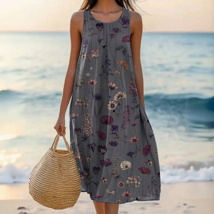 Sarita | Women's Sleeveless Round Neck Mini Vintage Floral Mid-Calf Dress