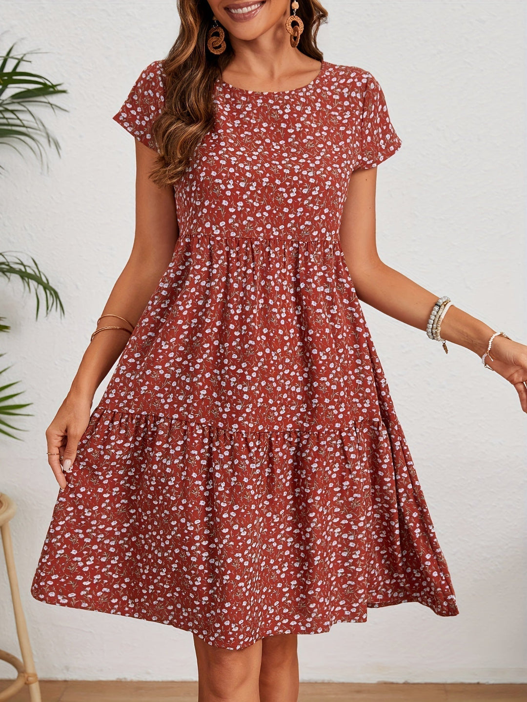 Valeria | Women's Short Sleeve Round Neck Mini Vintage Floral Dress