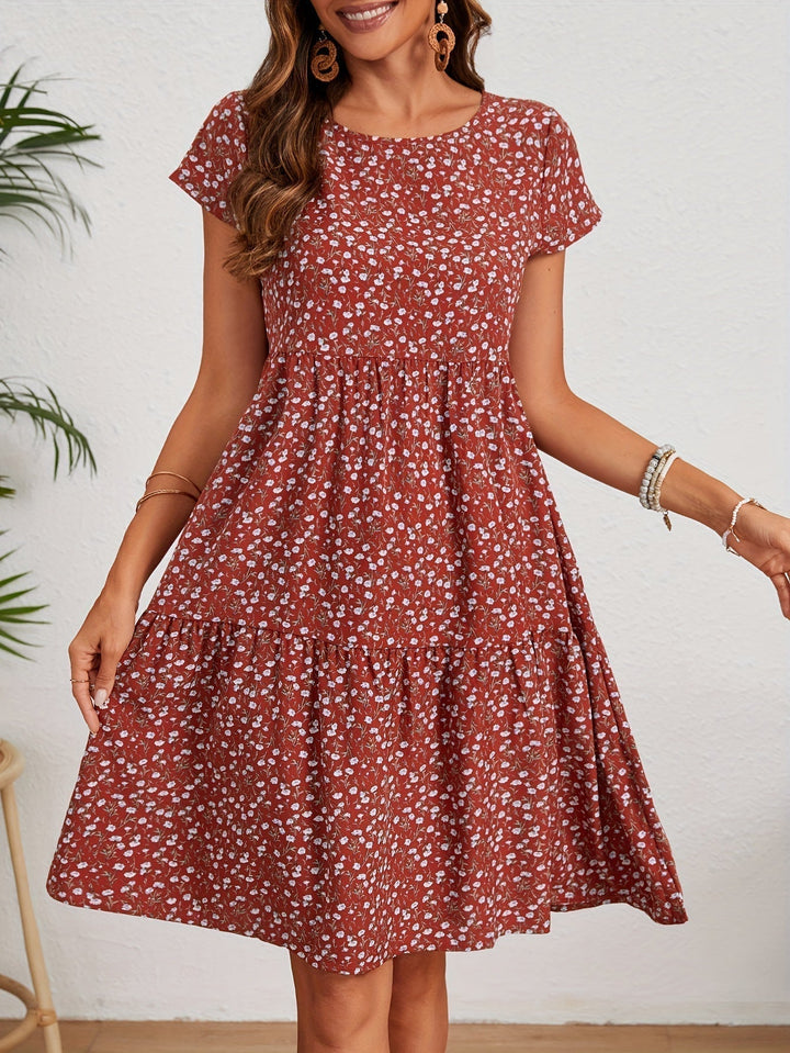 Valeria | Women's Short Sleeve Round Neck Mini Vintage Floral Dress