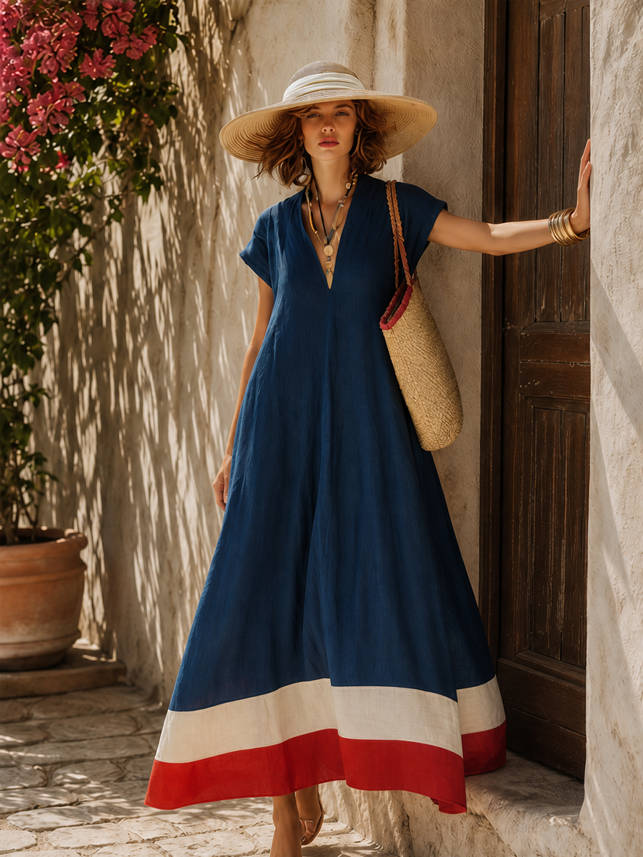Women's Maxi Dress with V-Neck and Short Sleeves