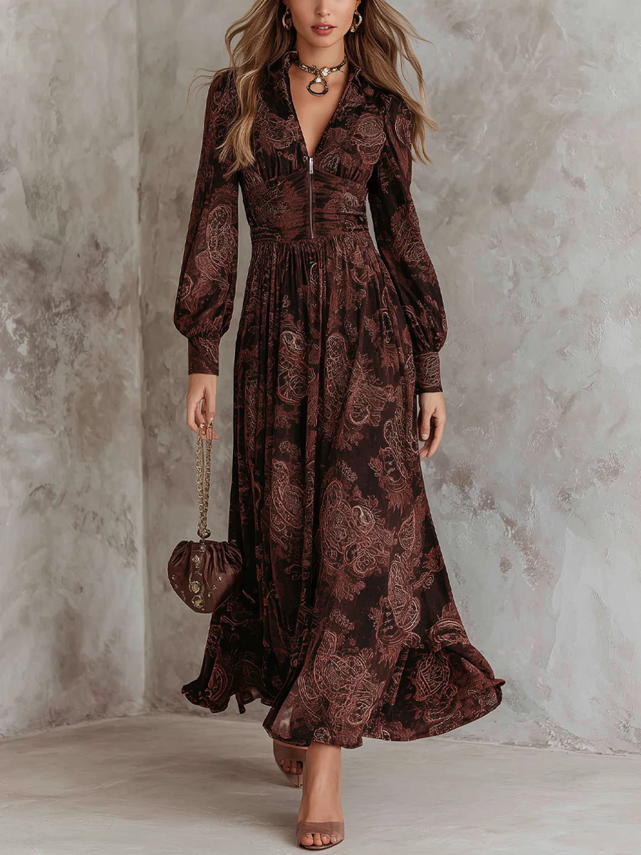 Amelia™ Paisley Maxi Dress with Zipper Details