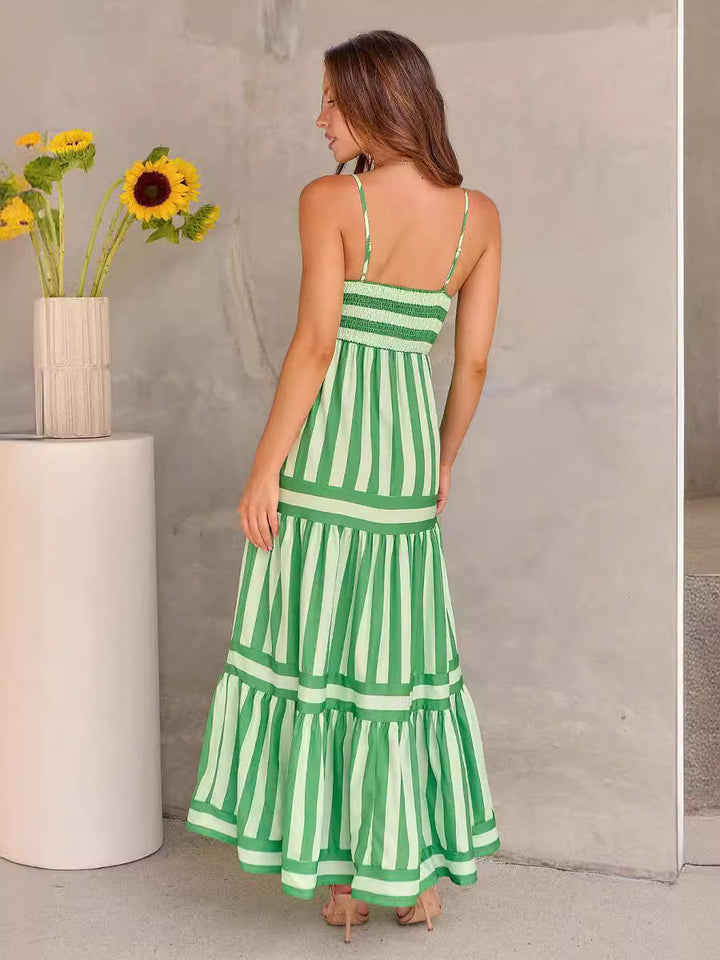 Marisol | Women's Square Neck Striped Maxi Dress with Straps and Pockets