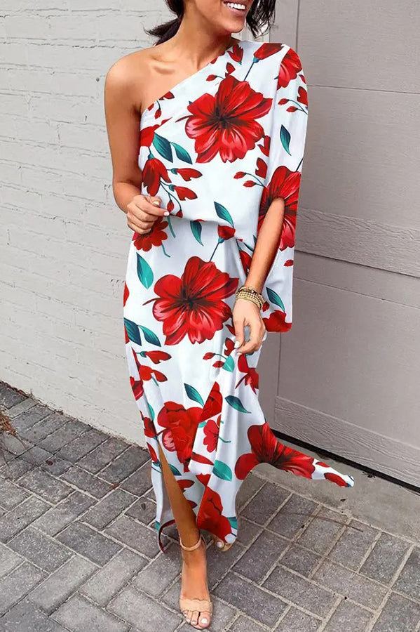 Rosie One-Shoulder Maxi Dress with Printed Design and Split Hem