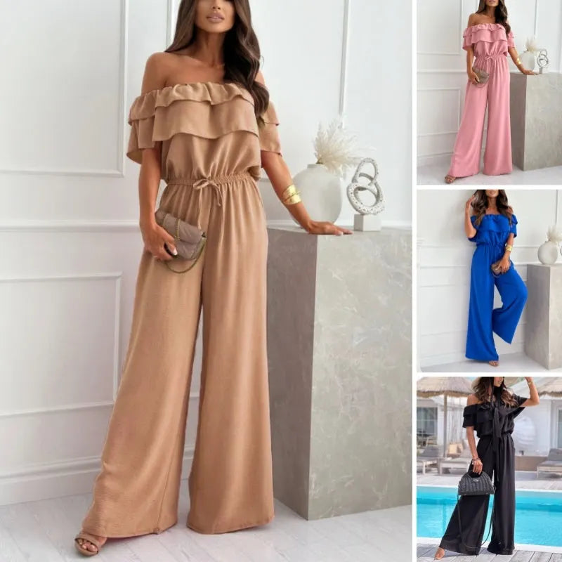 Women's Off-Shoulder Wide-Leg Jumpsuit with Ruffle and Drawstring