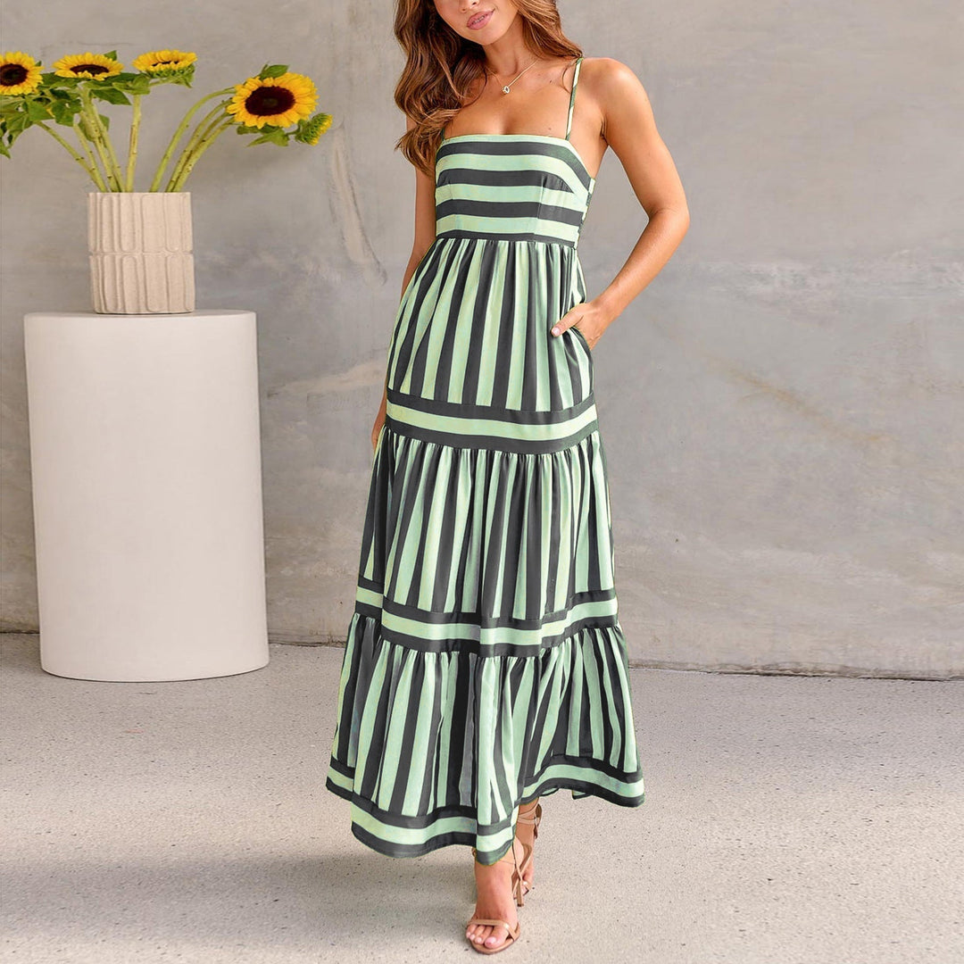Marisol | Women's Square Neck Striped Maxi Dress with Straps and Pockets