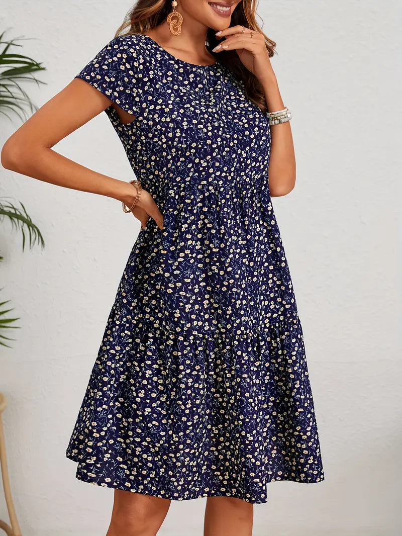 Valeria | Women's Short Sleeve Round Neck Mini Vintage Floral Dress