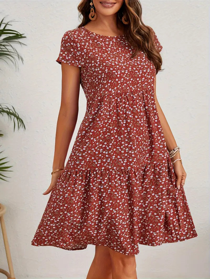 Valeria | Women's Short Sleeve Round Neck Mini Vintage Floral Dress
