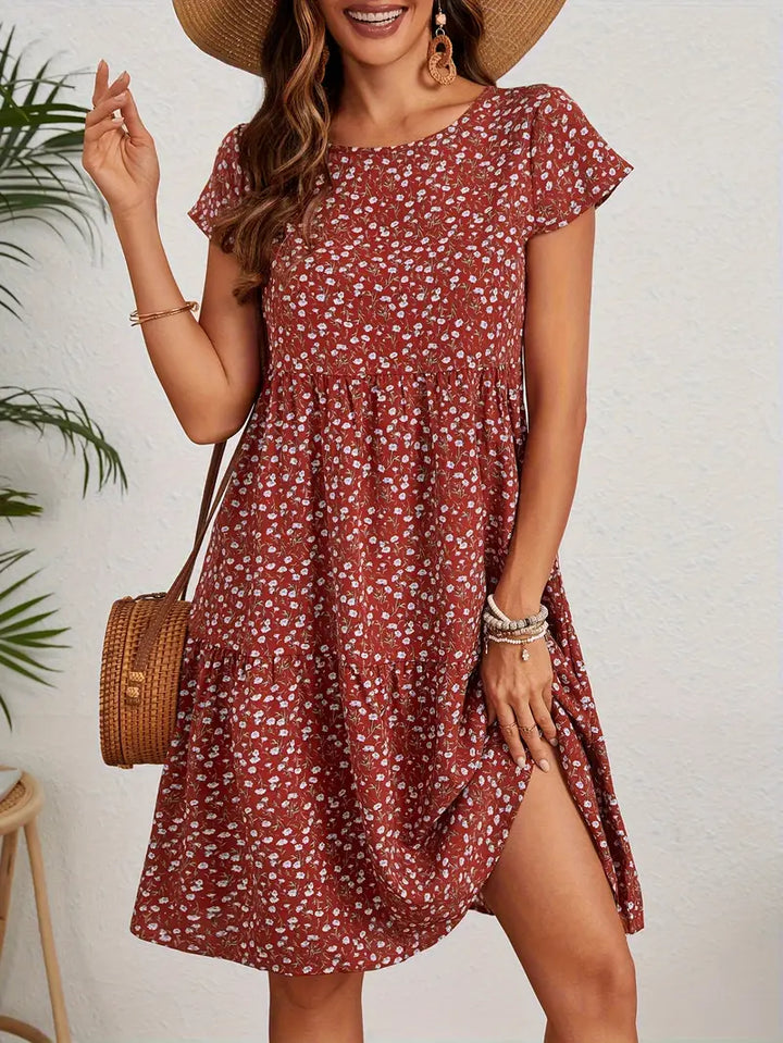 Valeria | Women's Short Sleeve Round Neck Mini Vintage Floral Dress