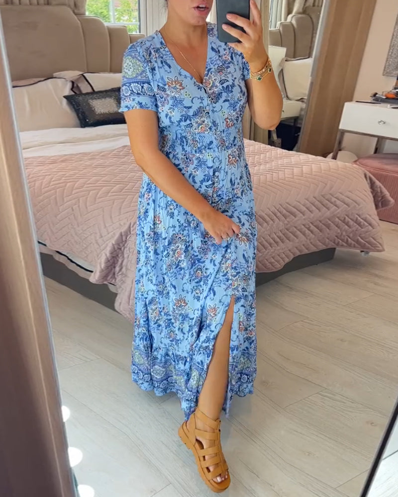 Ellie | Women's Mini Elegant Floral V-Neck Pleated Hem Dress