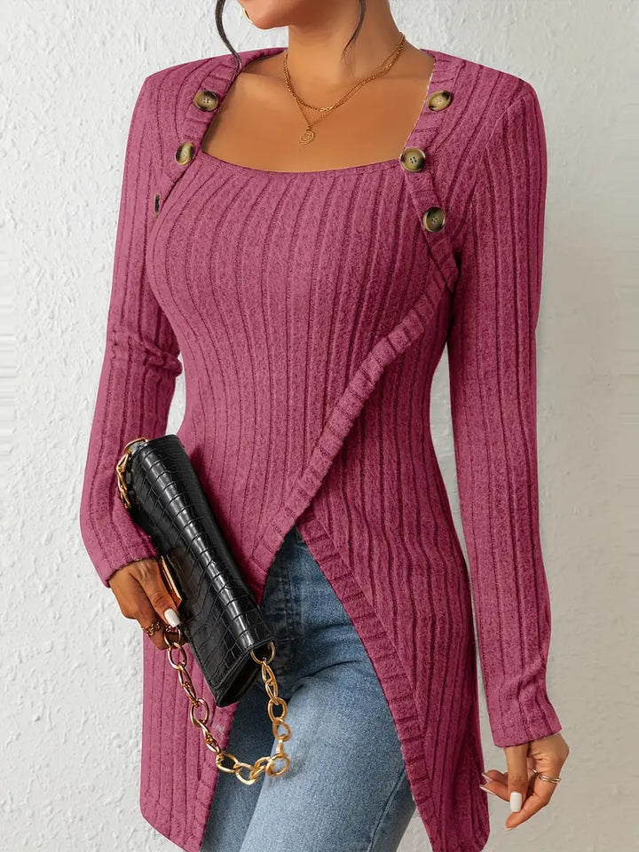 Julia | Women's Long Sleeve Square Neck Asymmetrical Top with Buttons