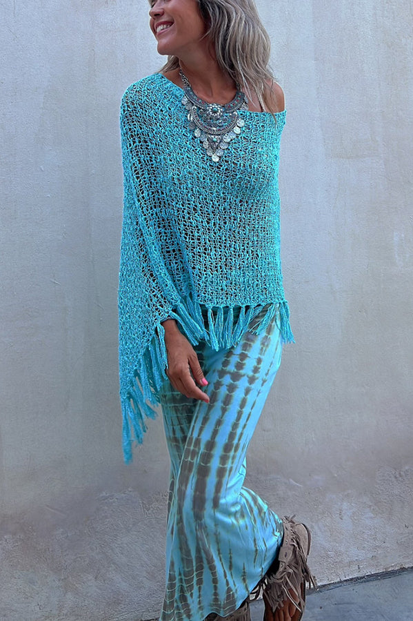 Sunset Breeze Tassel Knit Cover-Up with Hollow-Out Design