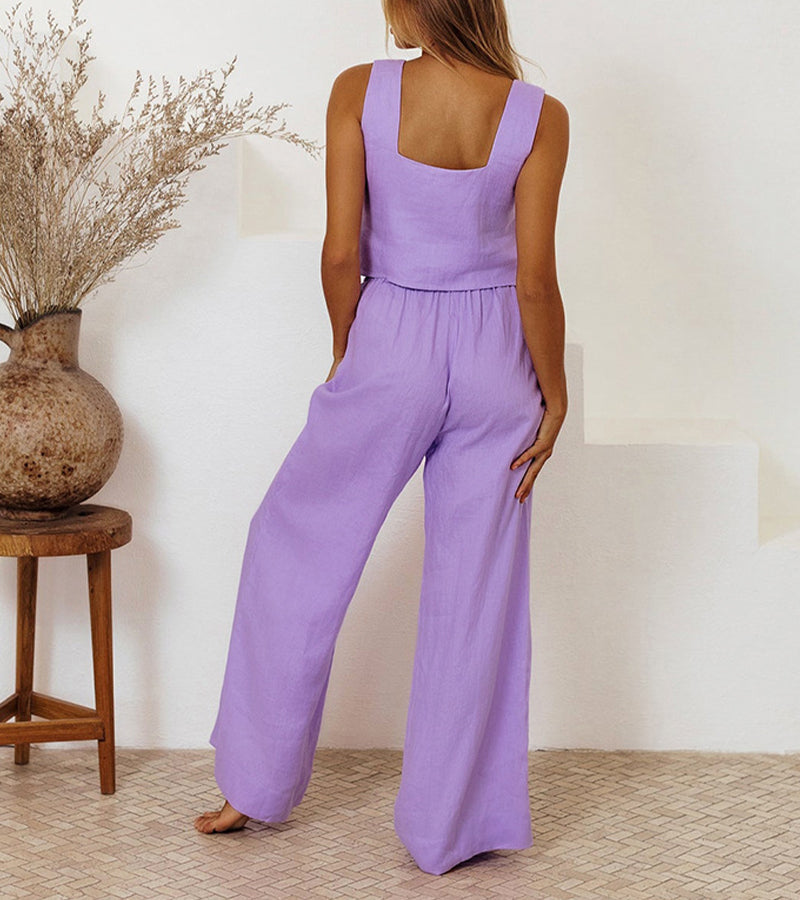 Milena | Women's Square Neck Minimalist Top and Wide-Leg Pants Set
