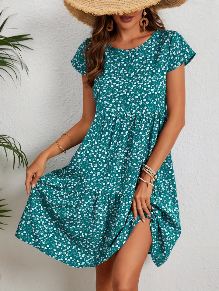 Valeria | Women's Short Sleeve Round Neck Mini Vintage Floral Dress