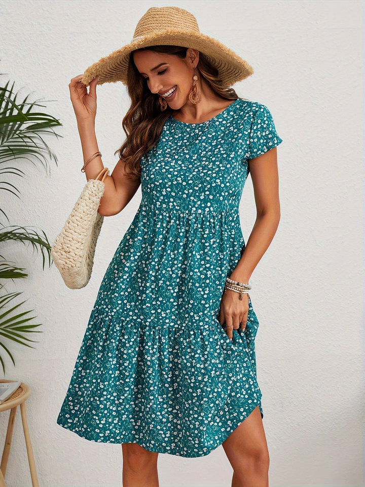 Valeria | Women's Short Sleeve Round Neck Mini Vintage Floral Dress