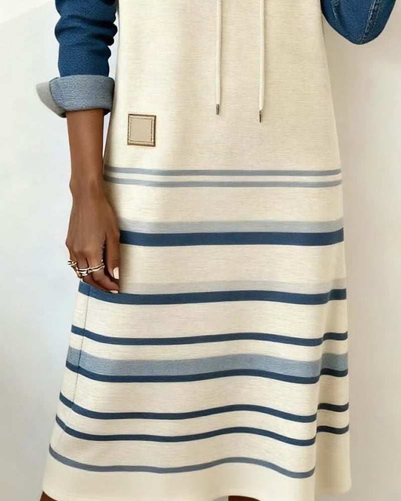 Everly | Women's Knee-Length Striped Hooded Dress with Drawstring