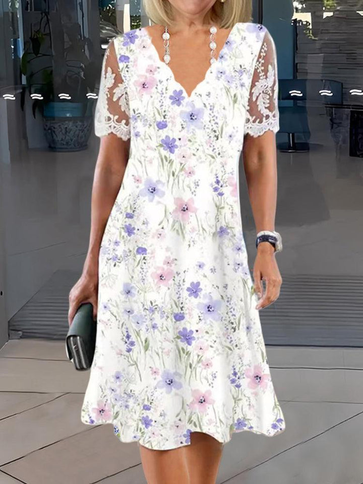 Harlyn | Women's V-Neck Sweet Floral Patchwork Midi Dress