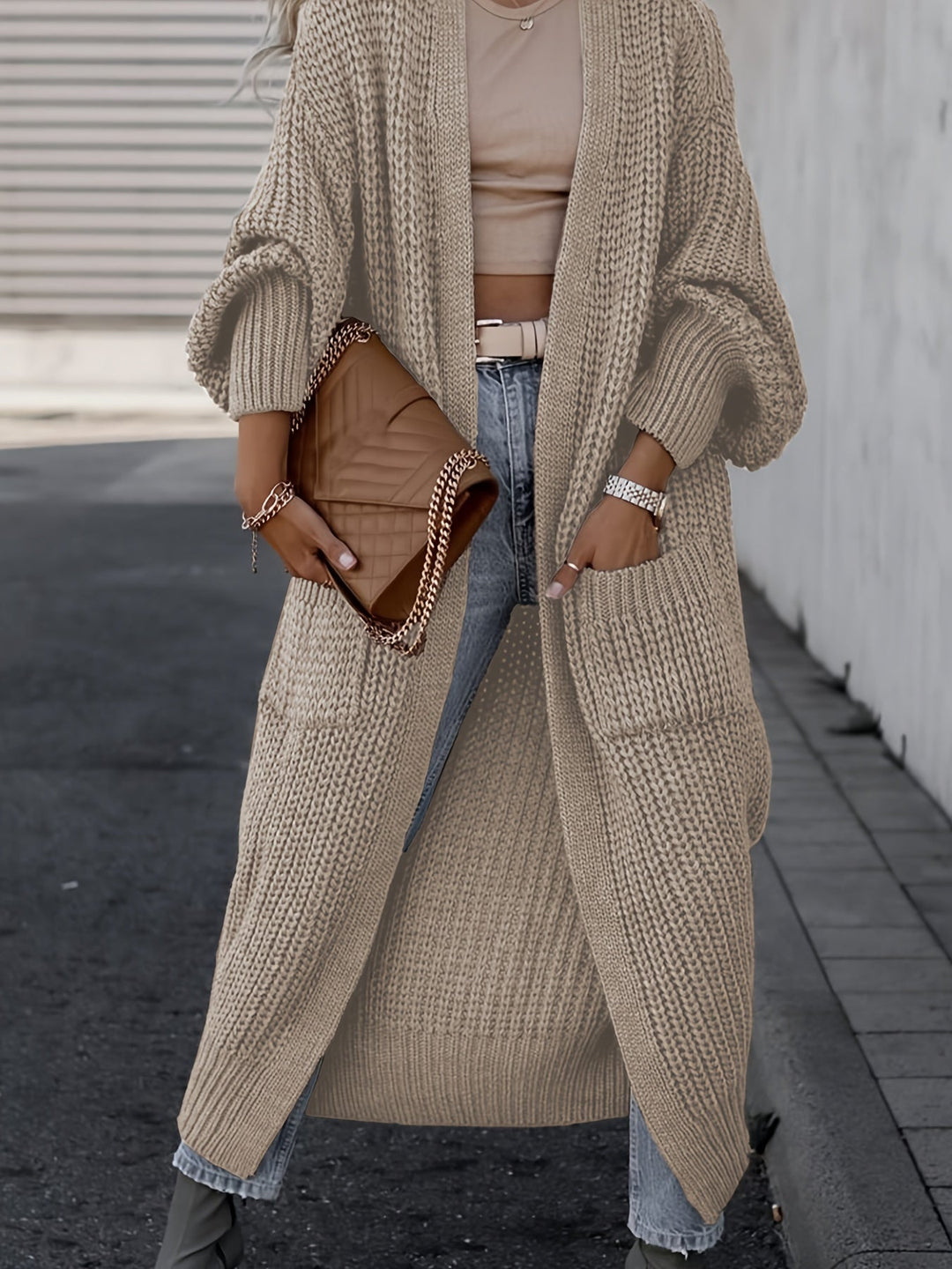 Women's Maxi Cardigan with Long Sleeves and Pockets