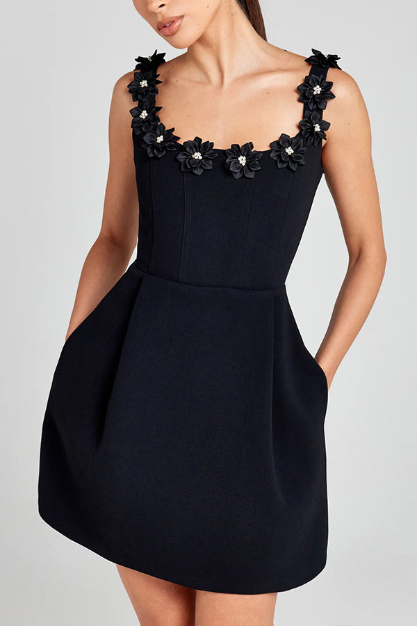 Cindy | Women's Square Neck Feminine Mini Dress with Floral Appliqués and Pockets
