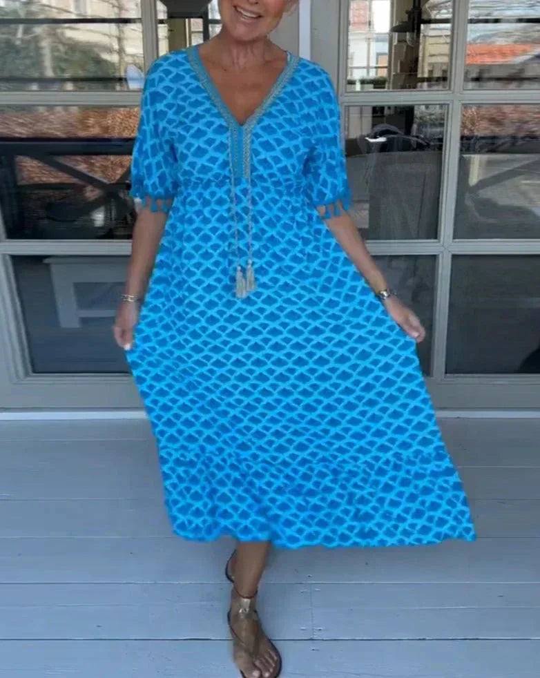 Aisha™ | Comfortable Loose Fit V-Neck Midi Dress