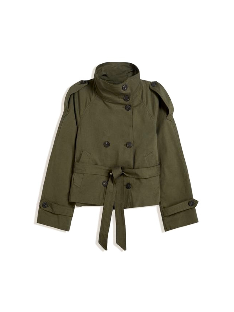 Women's Stand Collar Long Sleeve Jacket with Belt and Buttons