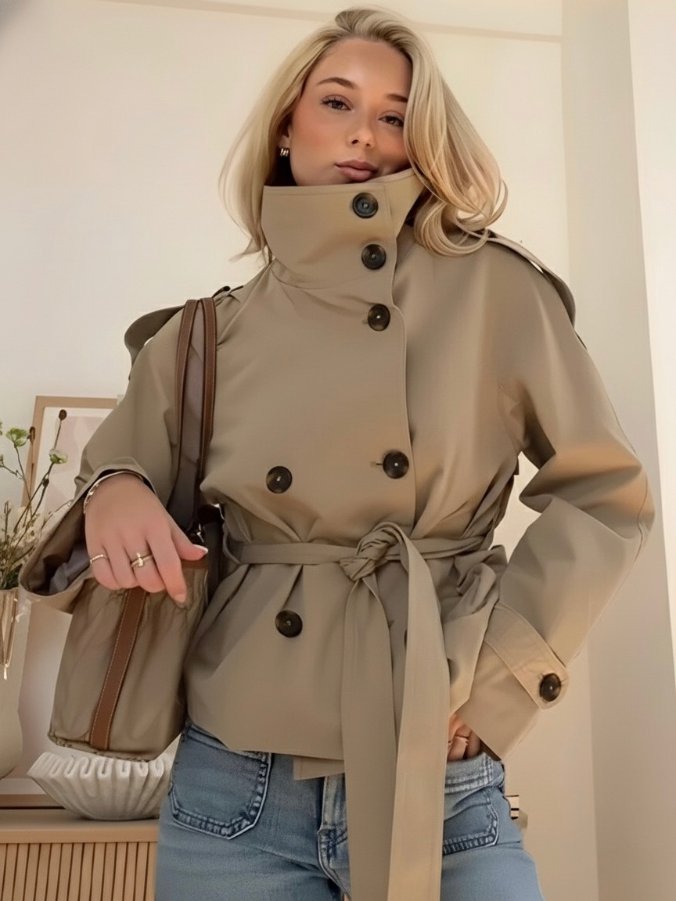 Women's Stand Collar Long Sleeve Jacket with Belt and Buttons