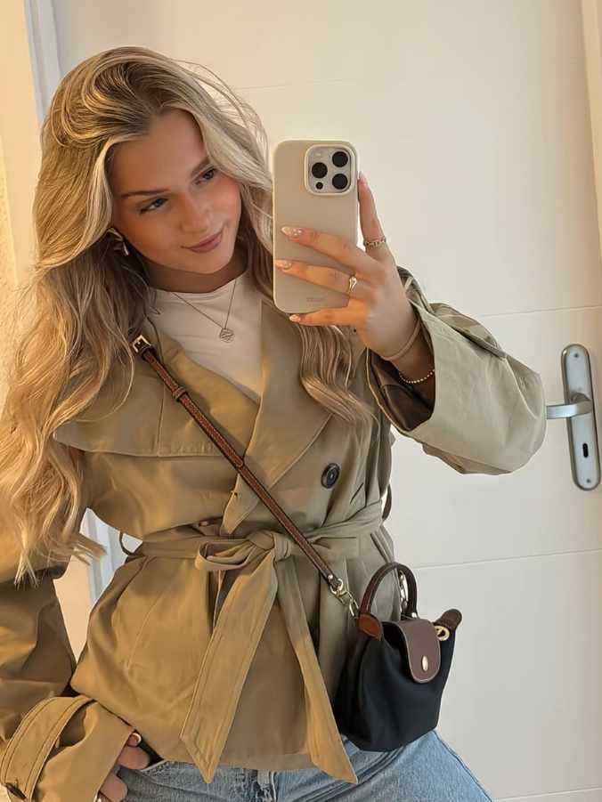 Women's Stand Collar Long Sleeve Jacket with Belt and Buttons