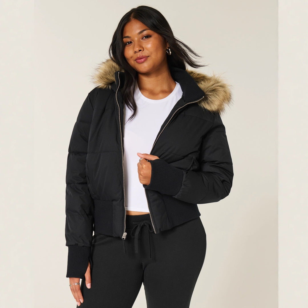 Women's Cropped Long Sleeve Puffer Jacket with Hood