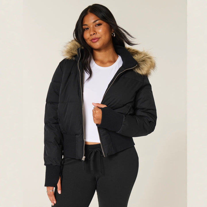 Women's Cropped Long Sleeve Puffer Jacket with Hood