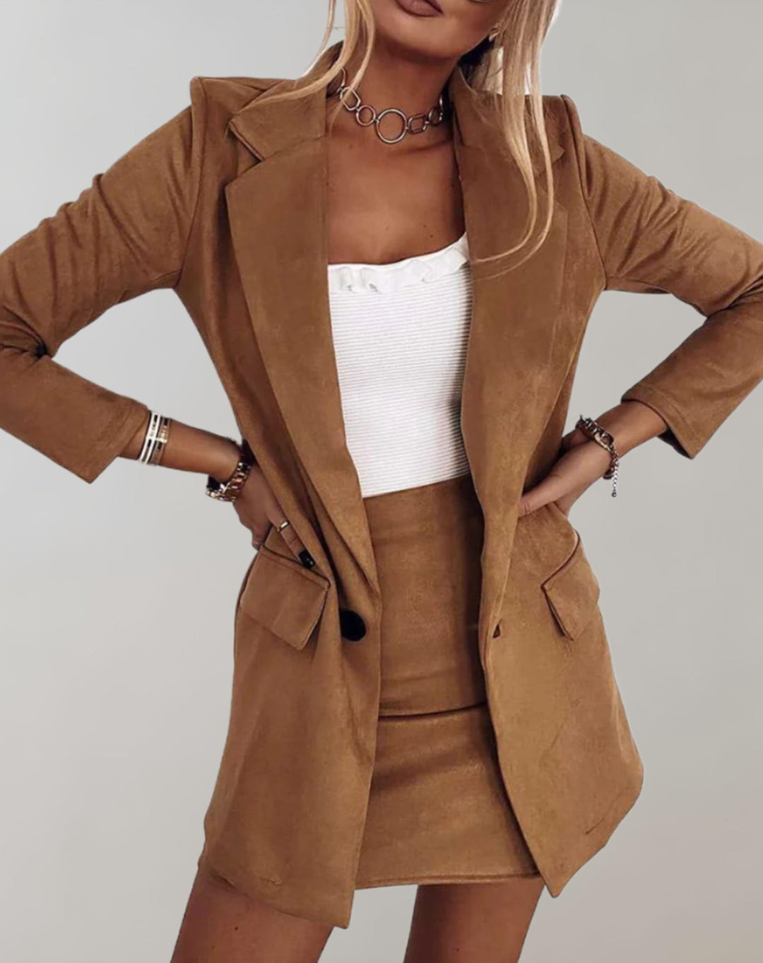 Women's Notch Collar Blazer and Mini Skirt Set with Pockets and Buttons