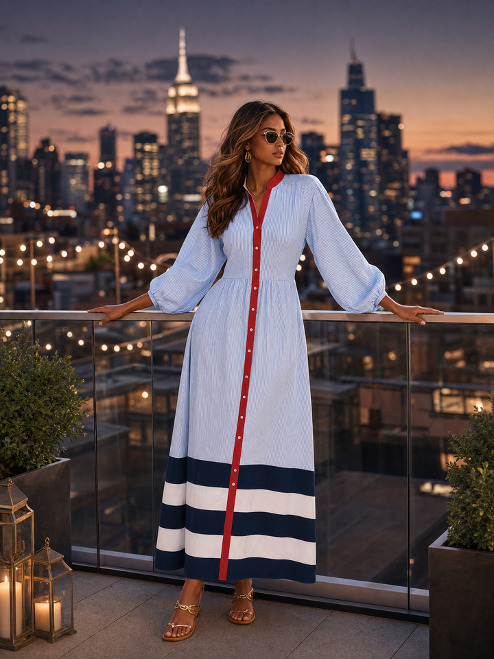 Women's Stand Collar Long Sleeve Striped Midi Dress with Buttons