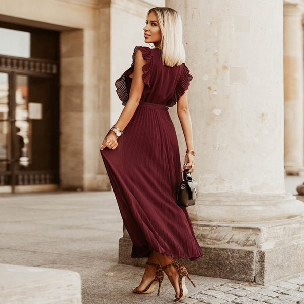 Elena™ Dark Red Boho Festive Dress with V-Neck