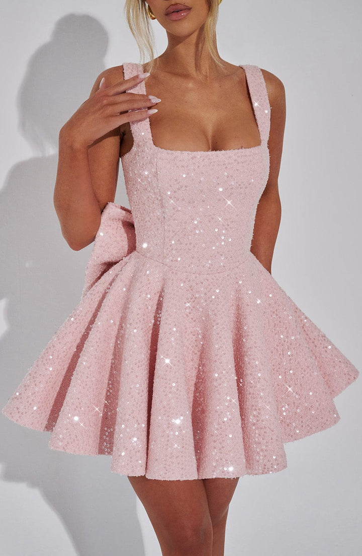 Hazel | Women's Square Neck Chic Mini Blush Dress with Sequins