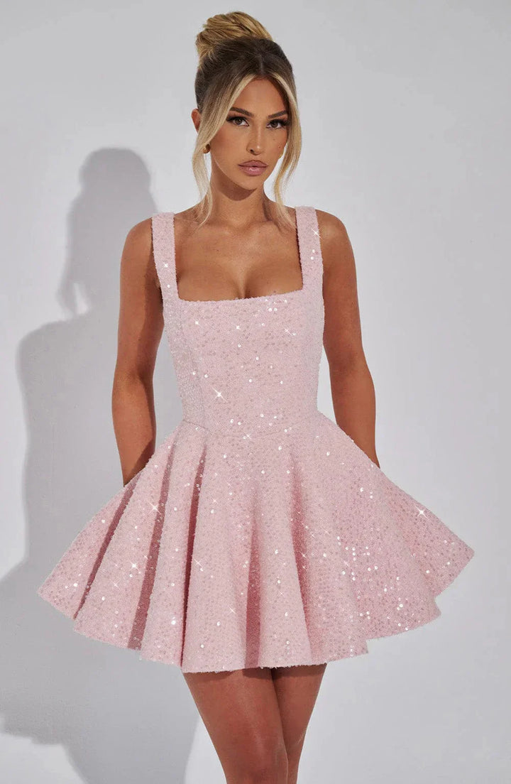 Hazel | Women's Square Neck Chic Mini Blush Dress with Sequins