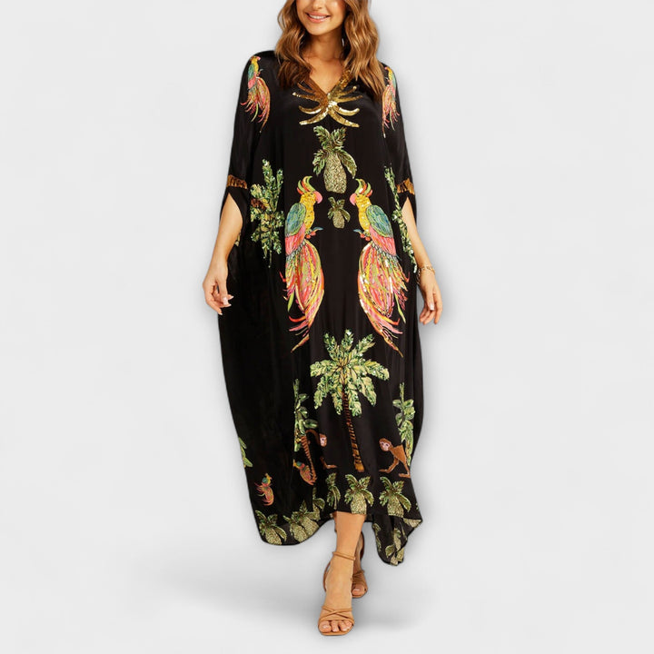 Linda - Gorgeous Dress Featuring Asymmetrical Shoulders and Tropical Coconut Tree Print