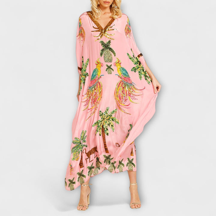 Linda - Gorgeous Dress Featuring Asymmetrical Shoulders and Tropical Coconut Tree Print