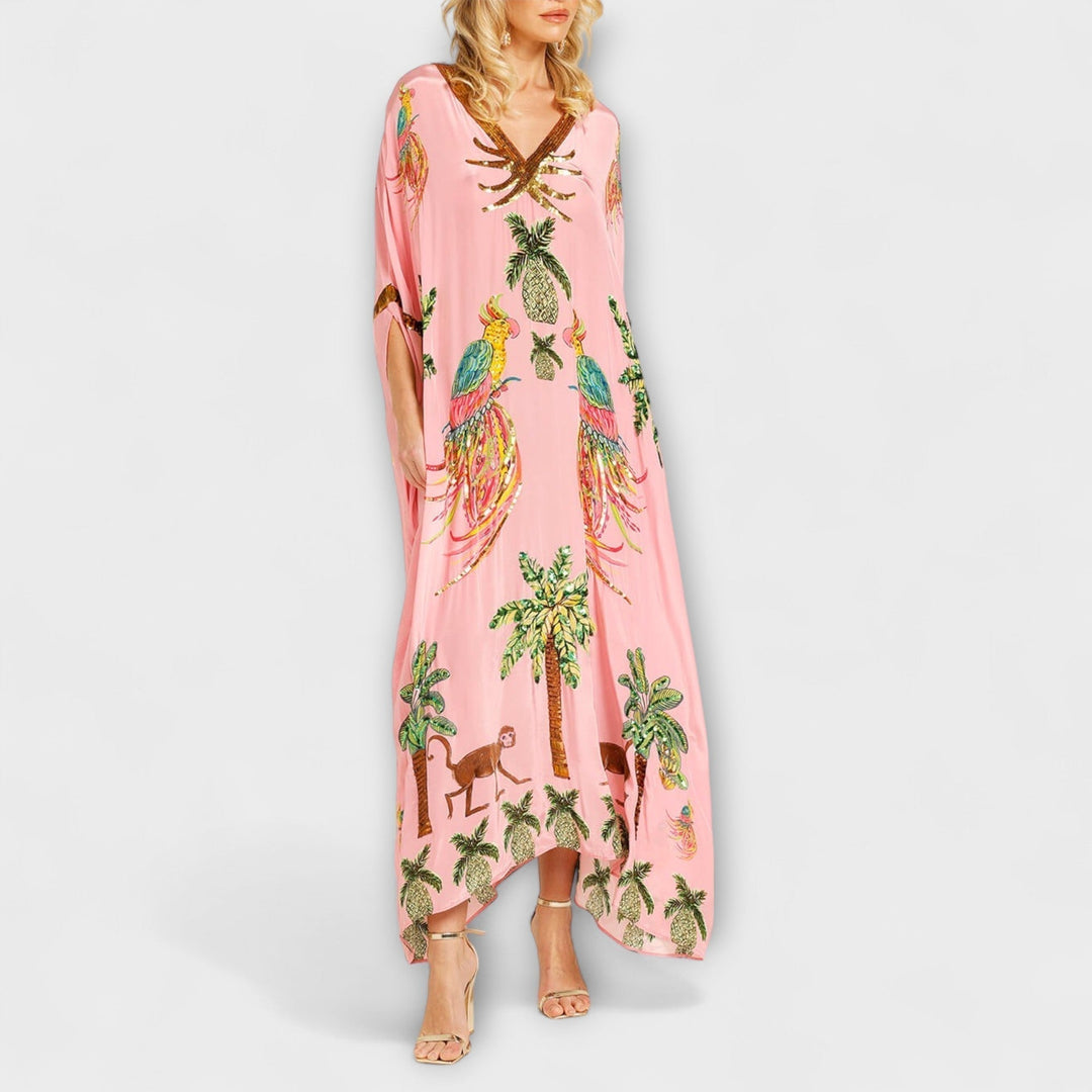 Linda - Gorgeous Dress Featuring Asymmetrical Shoulders and Tropical Coconut Tree Print
