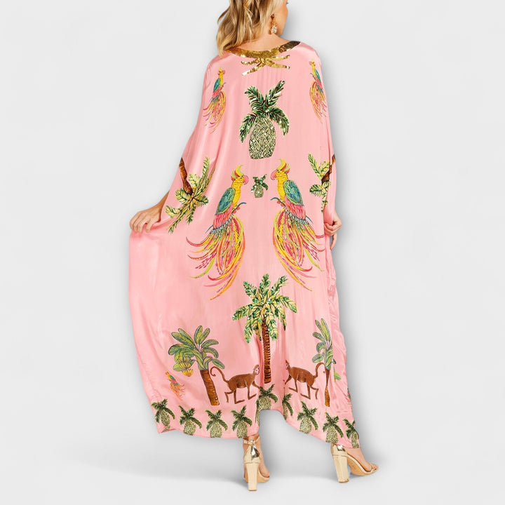 Linda - Gorgeous Dress Featuring Asymmetrical Shoulders and Tropical Coconut Tree Print