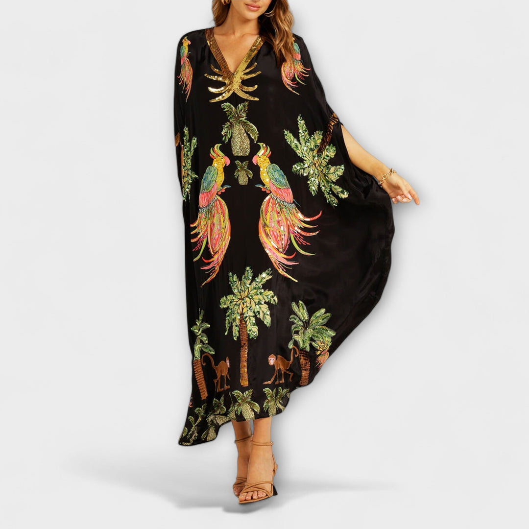 Linda - Gorgeous Dress Featuring Asymmetrical Shoulders and Tropical Coconut Tree Print