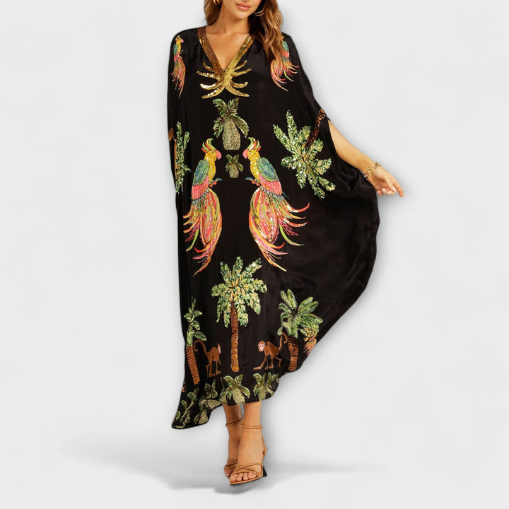 Linda - Gorgeous Dress Featuring Asymmetrical Shoulders and Tropical Coconut Tree Print
