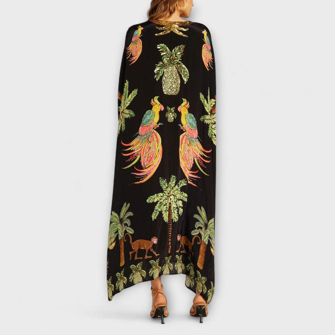 Linda - Gorgeous Dress Featuring Asymmetrical Shoulders and Tropical Coconut Tree Print