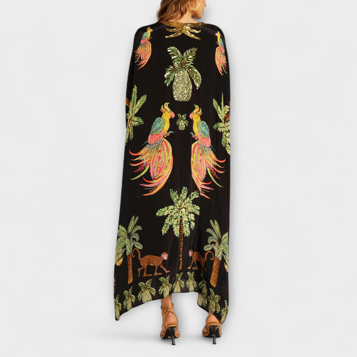 Linda - Gorgeous Dress Featuring Asymmetrical Shoulders and Tropical Coconut Tree Print