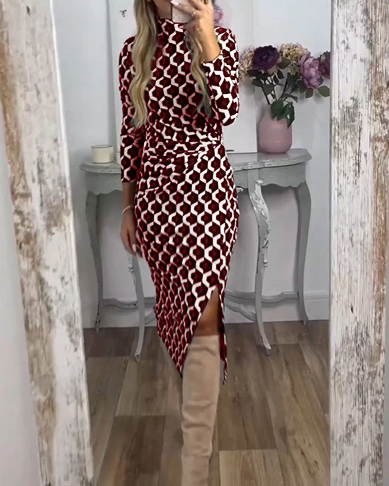 Donna | Women's High Neck Midi Comfy Printed Slit Dress with Side Slit