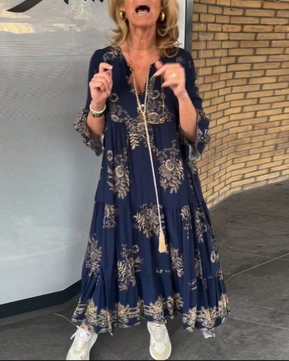 Rose™ – Vintage Loose V-Neck Midi Dress