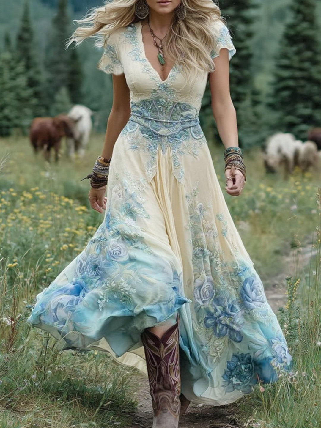 Mavis | Women's Short Sleeve V-Neck Elegant Floral Maxi Dress