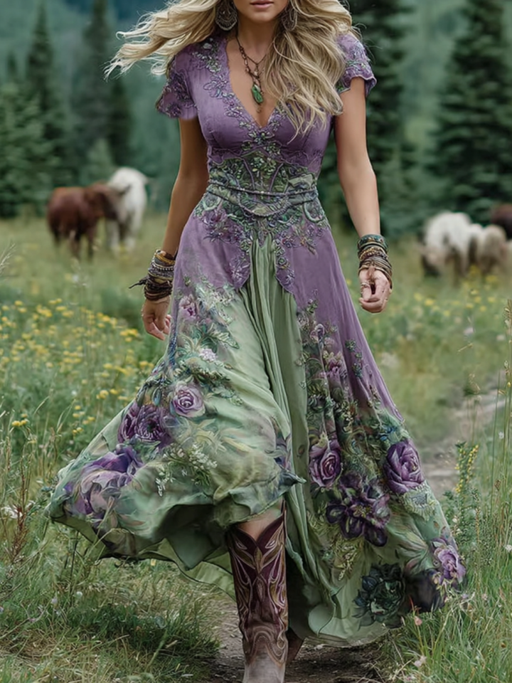 Mavis | Women's Short Sleeve V-Neck Elegant Floral Maxi Dress