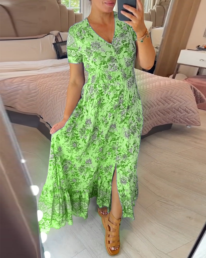 Ellie | Women's Mini Elegant Floral V-Neck Pleated Hem Dress