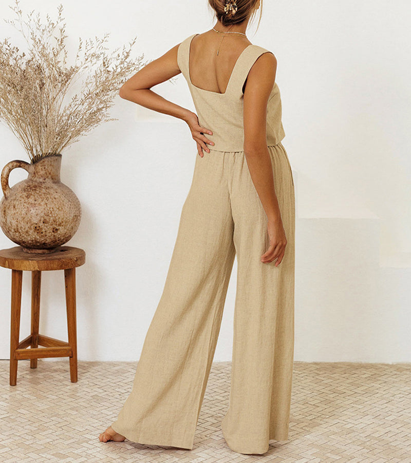 Milena | Women's Square Neck Minimalist Top and Wide-Leg Pants Set