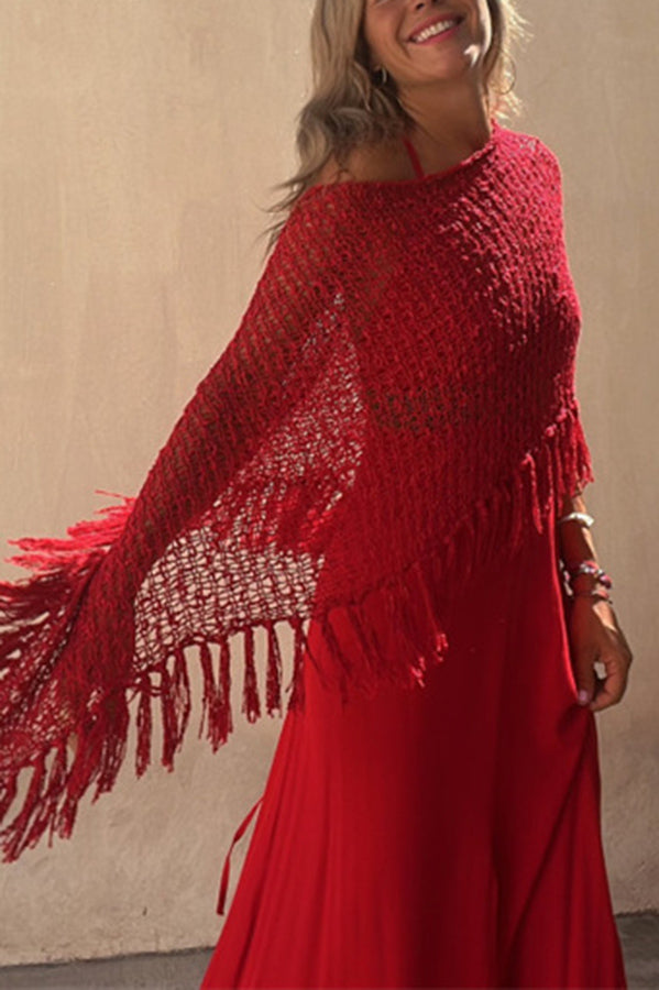 Sunset Breeze Tassel Knit Cover-Up with Hollow-Out Design