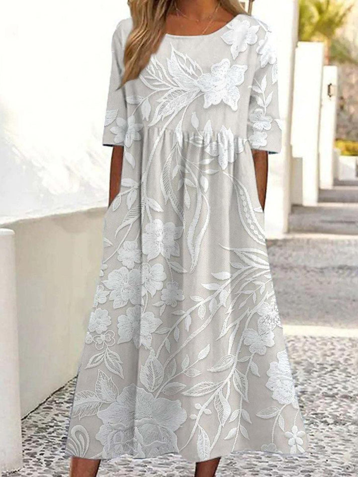 Dovie | Women's Round Neck Midi Long Floral Dress with 3/4 Sleeves and Pockets