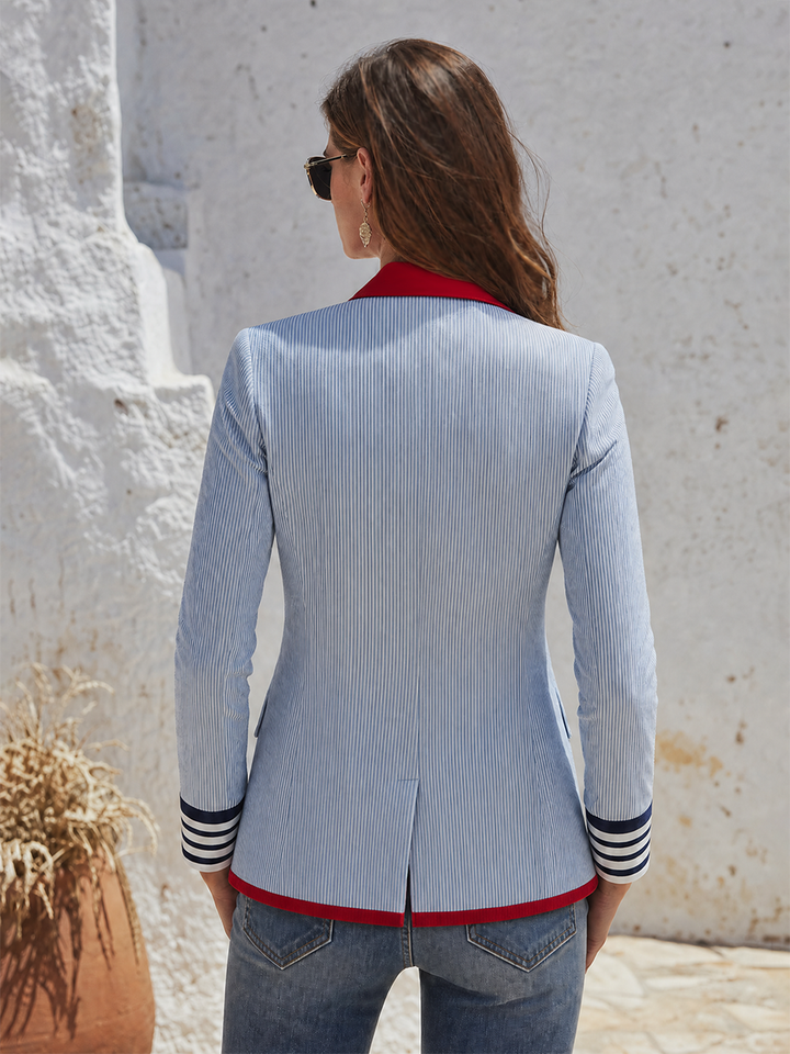Women's Striped Long Sleeve Blazer with Pockets and Buttons